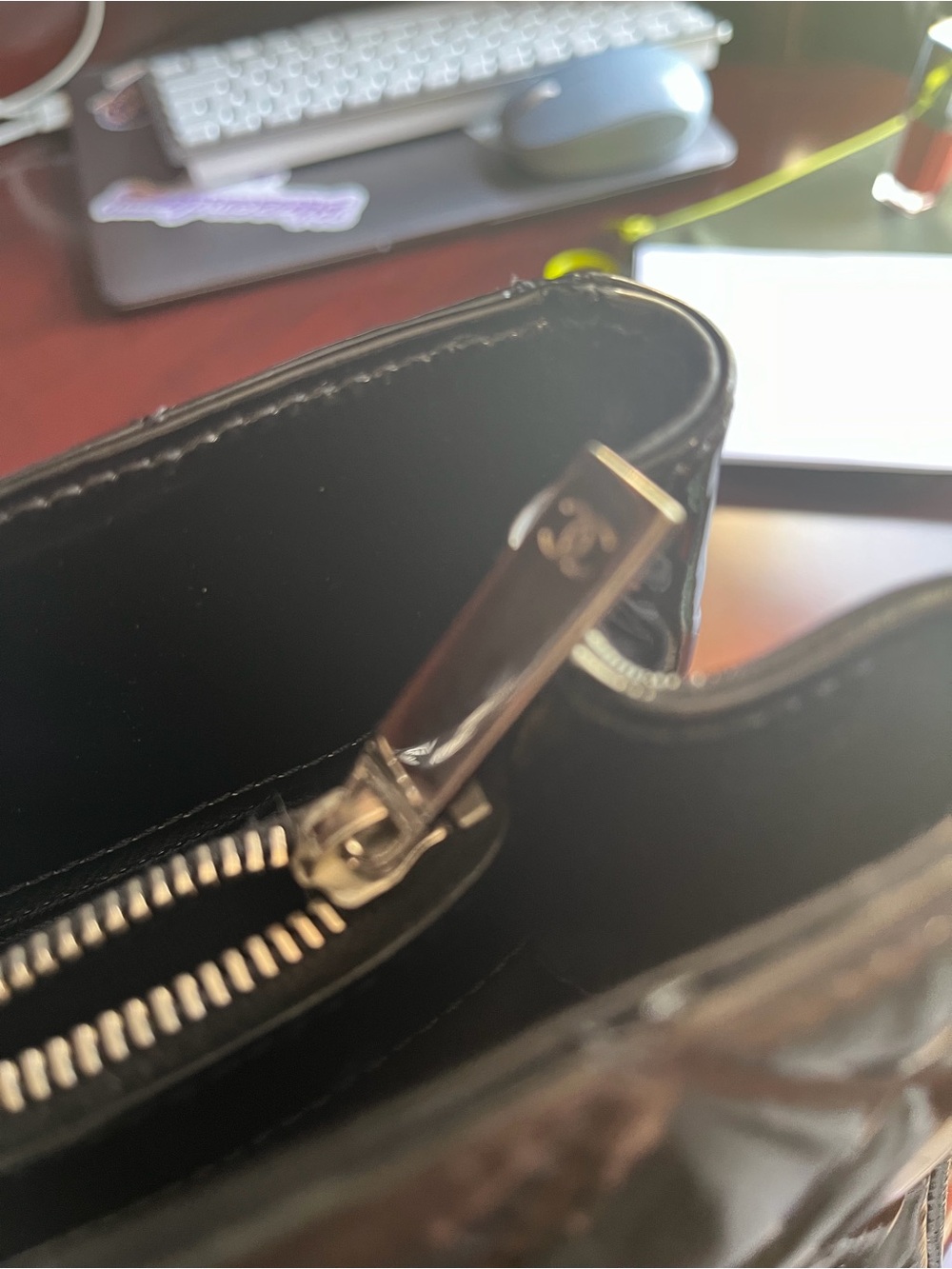 CHANEL Black Quilted Patent Leather Tote with Chain Straps - Picture 8 of 10